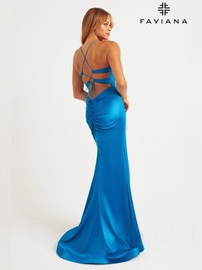 Faviana Sparkle Blue Mermaid Lace-Up Ruching Stretch Formal Prom Dress Wedding